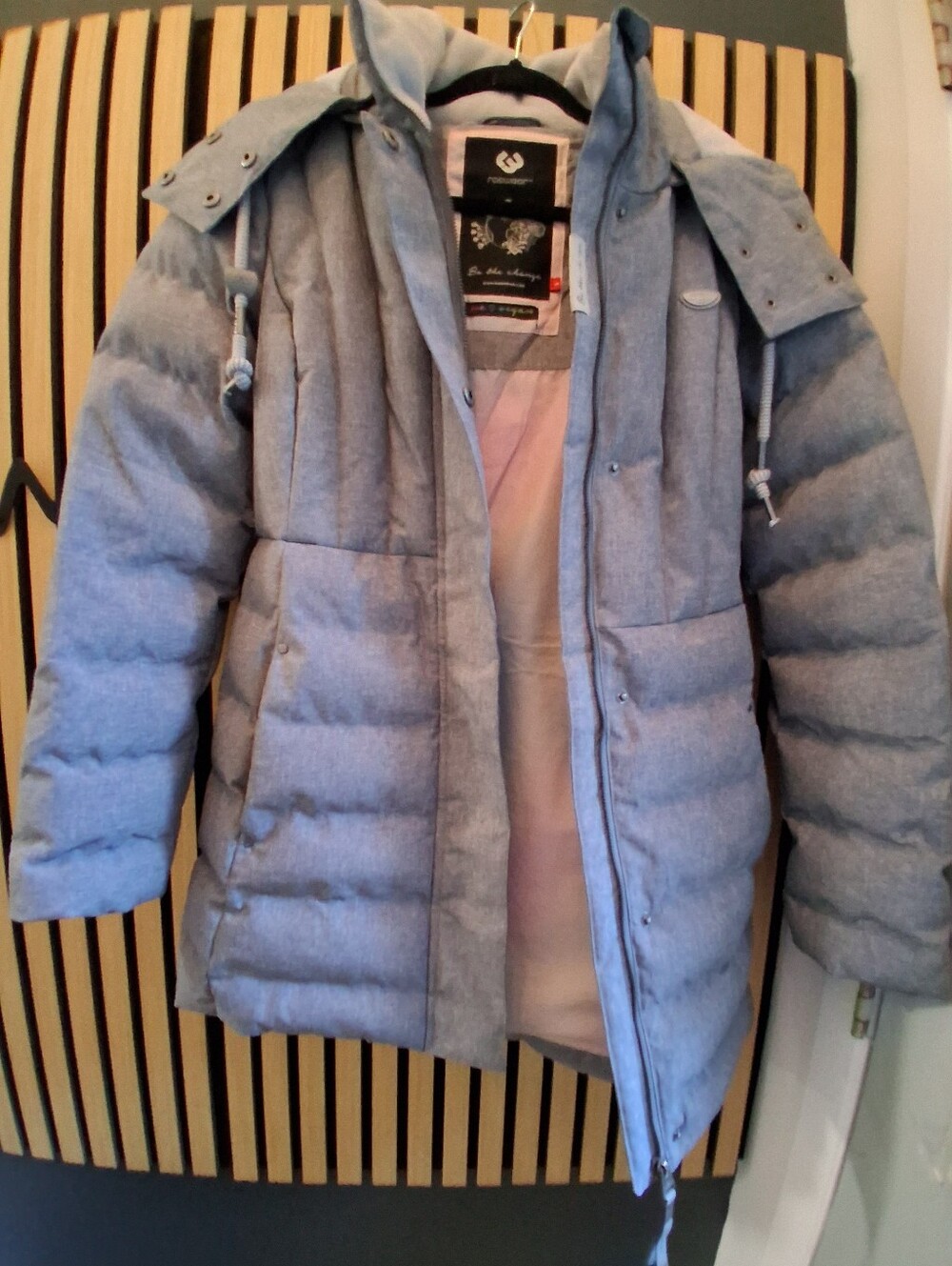 Women's Light Blue Puffer Bomber Jacket with Hood